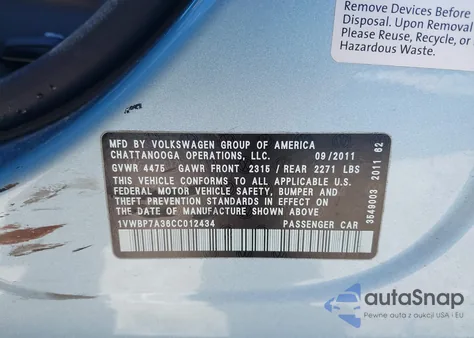 2012 Volkswagen Passat 2.5L Se z USA, uszkodzony, nr VIN 1VWBP7A36CC012434